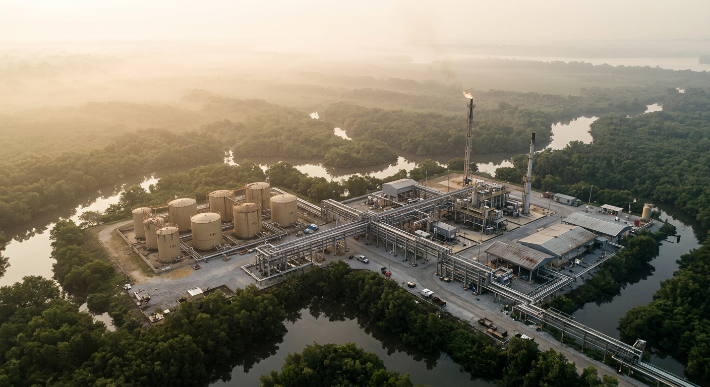 Aerial view of a Niger Delta flow station in golden haze