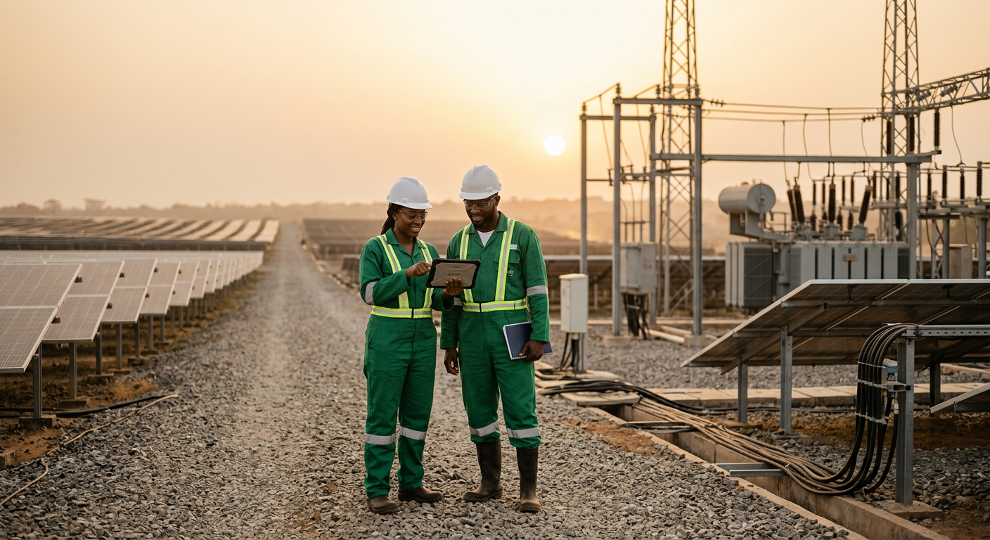 Two Nigerian engineers in green coveralls reviewing a tablet at a solar farm and substation