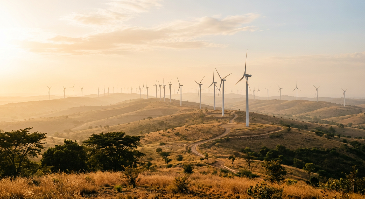 A wind farm on rolling hills in golden haze