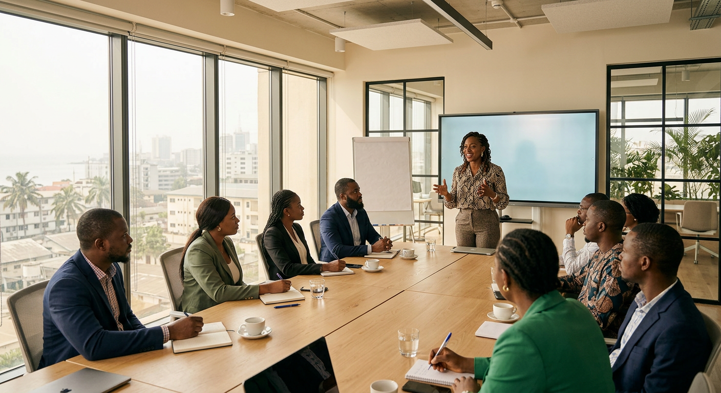 A bright Lagos boardroom during a workshop
